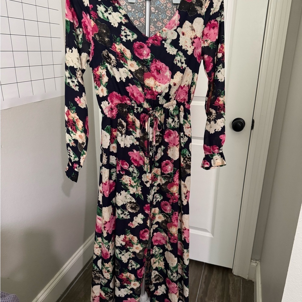 Umgee Pink and Navy Long Sleeve V-Neck sheer Sundress